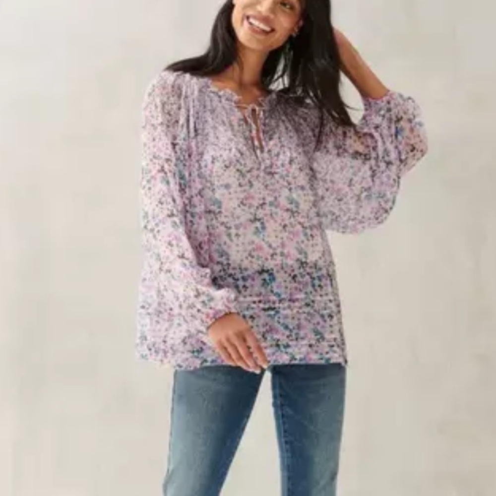 Lucky Brand Printed Pleated Peasant Blouse